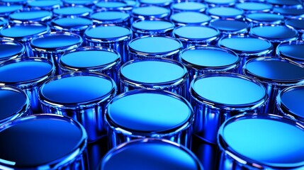 Fototapeta premium Blue Cylindrical Containers Abstract Background - Abstract of many shiny blue cylindrical containers, ideal for industrial, technology, or manufacturing concepts