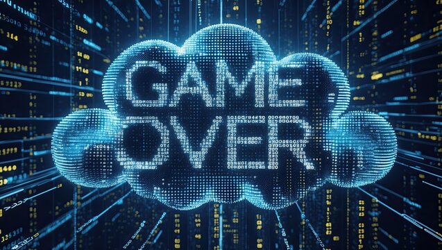 Digitally rendered cloud with glowing text 'Game Over' in an abstract technology-inspired background, creating an immersive gaming atmosphere
