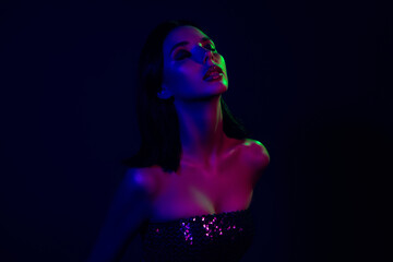Glamorous Young Woman in Neon Light at Club Party Night, Showcasing Beauty, Style, Fashion