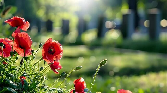 Cemetery, graves and poppies closeup view