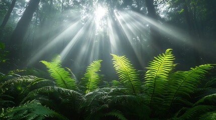 Obraz premium Sunbeams illuminate ferns in a misty forest.