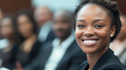 Fototapeta premium A professional woman smiles with confidence at the camera