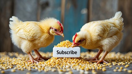 Two yellow chicks pecking at grains scattered on a rustic wooden surface, with a vibrant button in the center