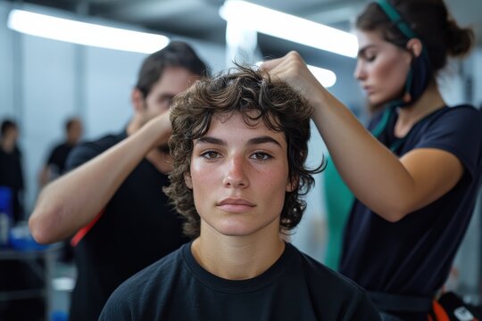 A focused young woman sits calmly as hairstylists work meticulously around her, capturing a moment of transformation and care in a vibrant salon environment.