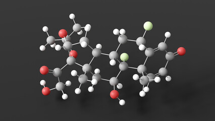 fluocinolone acetonide molecule 3d, molecular structure, ball and stick model, structural chemical formula corticosteroid