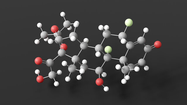 fluocinolone acetonide molecule 3d, molecular structure, ball and stick model, structural chemical formula corticosteroid