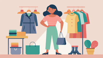 A laidback thrift store fashion blogger enjoying a leisurely day of shopping trying out comfortable and effortless outfits that can be found at any. Vector illustration