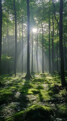 Obraz premium Sunbeams illuminating a misty forest floor.