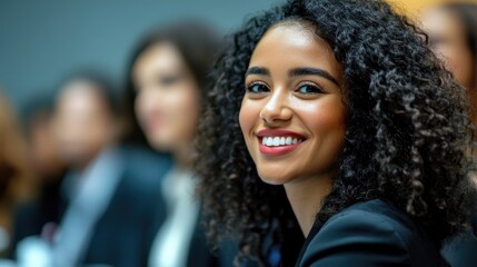 Obraz premium A woman with a beautiful smile and curly dark hair