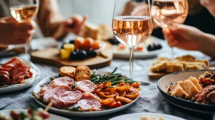 A group of friends enjoys a delightful dinner party filled with laughter and conversation, surrounded by an array of delectable dishes and glasses of wine in a cozy setting