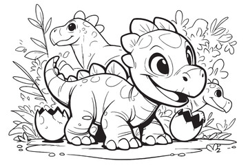 Obraz premium A fun dinosaur-themed coloring page with friendly dinosaurs like T-Rex, Triceratops, and Brachiosaurus in a prehistoric landscape. Great for young dinosaur fans.