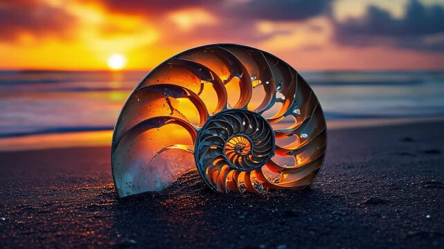 nautilus shell on the beach with sunset