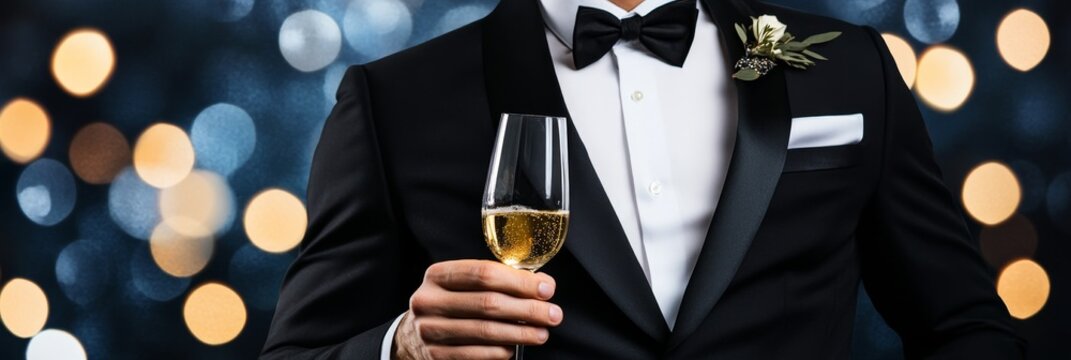 Elegant Man Celebrating Success - A well-dressed man raises a glass of champagne against a bokeh background, celebrating achievement and success