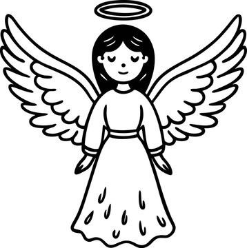 recommend clip art: Smiling angel with halo and wings in simple black and white illustration