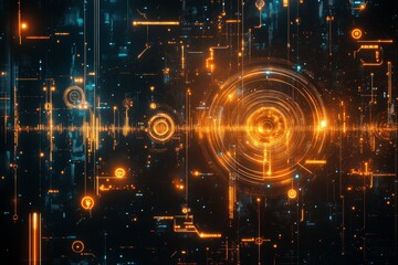 Fototapeta premium Abstract Network Technology - Futuristic network technology background, glowing orange and blue lines, circles, and nodes