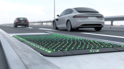 Autonomous electric vehicles EVs pulling into high speed inductive charging lanes on a smart technologically advanced highway of the future  The highway infrastructure enables efficient