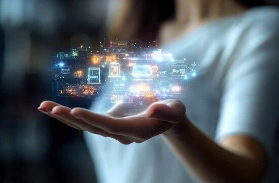 Hand of woman holding a hologram of retail innovation, featuring smart checkout systems, personalized shopping experiences, and digital loyalty programs.