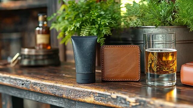 Chic bar setup with grooming items, a wallet, and whiskey on a rustic wood table