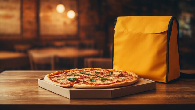 Yellow thermal bag for pizza delivery in a cozy restaurant setting. Fresh pizza in an open box on a wooden table, ready for transport and enjoyment