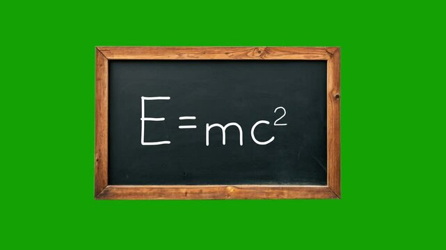 Animation of a school blackboard with the text 'E = mc?' being written.
