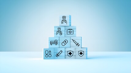 A conceptual representation of health insurance and medical care, featuring wooden blocks adorned with health-related icons. Symbols include medical services, health protection, insurance coverage.