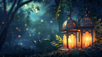 serene night scene with glowing lanterns and soft lights,on Ramadan,Hari Raya Aidilfitri,Eid-Ul-Fitr