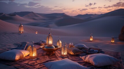 Obraz premium Serene Desert Sunset: Romantic Arabian Nights Picnic