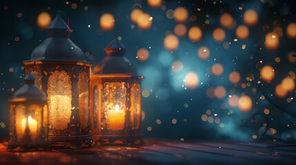 Elegant lanterns glowing softly in serene atmosphere,on Ramadan,Hari Raya Aidilfitri,Eid-Ul-Fitr