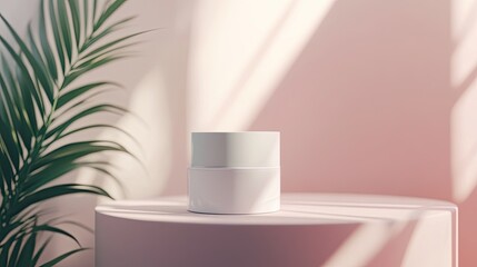 Elegant minimalist product display with a white cream jar on a pink platform and tropical leaf shadows