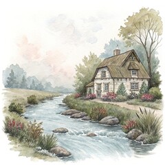 Watercolor Nature Scene with Flowers River and House Tranquil Cottage by the Stream in Serene Watercolor Style
