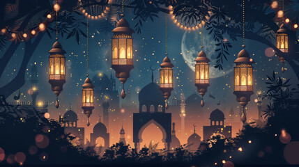 Magical lanterns illuminate serene night scene,on Ramadan,Hari Raya Aidilfitri,Eid-Ul-Fitr