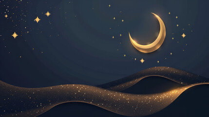 serene night scene with crescent moon and stars,on Ramadan,Hari Raya Aidilfitri,Eid-Ul-Fitr