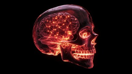 Illuminated x-ray event featuring a futuristic glowing skull in a science lab environment from a close-up perspective