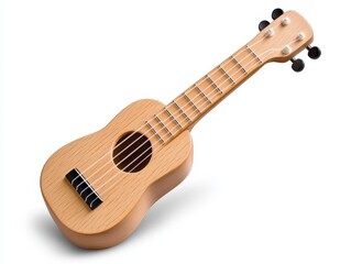 Small Light Brown Wooden Ukulele on White Background