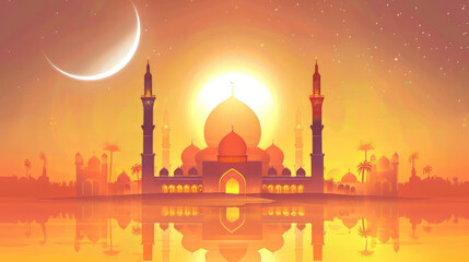 Majestic mosque silhouette at sunset with crescent moon,on Ramadan,Hari Raya Aidilfitri,Eid-Ul-Fitr