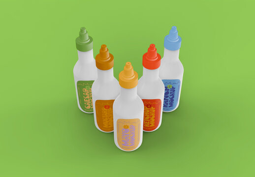 3d Set of Sauce Bottles Mockup