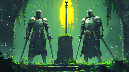 Fototapeta premium Two Armored Knights With Swords Standing Before A Stone Pedestal And Glowing Symbol