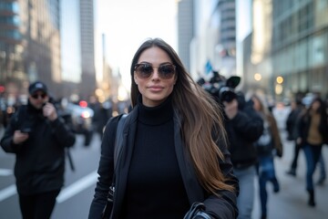 Obraz premium A fashionable woman confidently strolls through a bustling city, showcasing her trendy sunglasses and modern attire amidst a vibrant urban backdrop of skyscrapers and people.