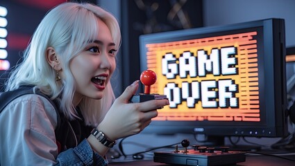 Young woman with platinum blonde hair playing video games with a joystick, excited expression, retro gaming setup, neon lights in background