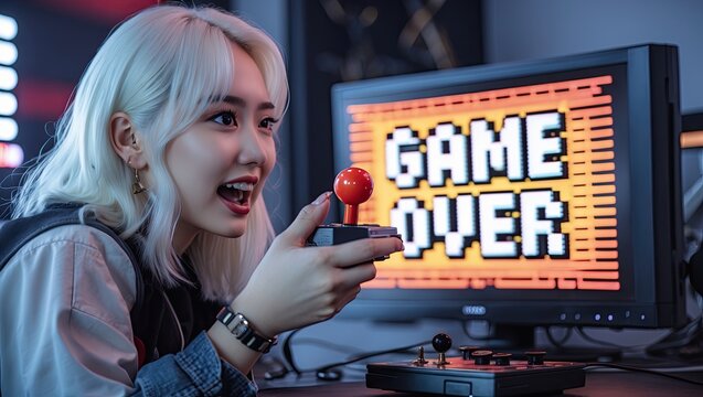 Young woman with platinum blonde hair playing video games with a joystick, excited expression, retro gaming setup, neon lights in background