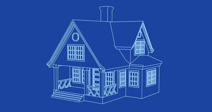 Line art American house blueprint animation 360 view rotation blue background white outline simple clean
