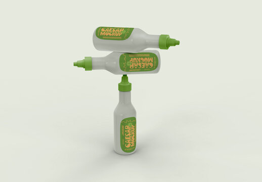 3d Set of Three Sauce Bottles Mockup