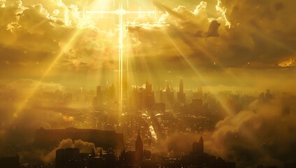 A cinematic shot of the golden city with walls and towers, in which is located an immense cross made of gold shining in front of it