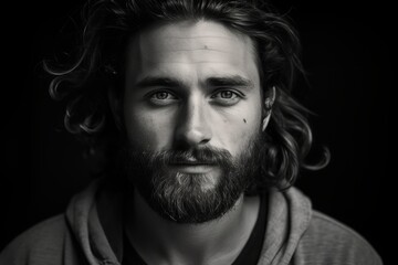 Fototapeta premium A young man gazes thoughtfully into the distance, framed by his tousled hair and full beard. The striking contrast of light and shadow accentuates his intense expression