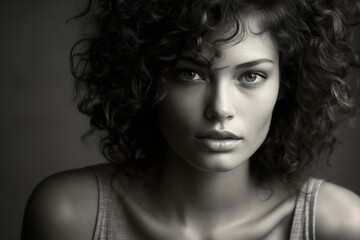 In a serene atmosphere, a young woman with striking curly hair gazes directly at the viewer, exuding confidence and mystery. The soft monochrome highlights her features beautifully