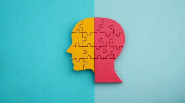 A colorful puzzle piece shaped like a human head, symbolizing mental processes, problem-solving, and the complexity of the mind set against a contrasting background.