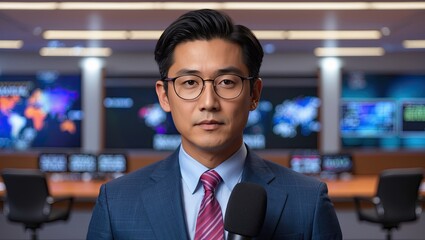 Professional man wearing glasses and a suit, standing with a microphone in a modern control room filled with screens and data visualizations