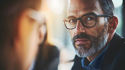 Close up of a confident experienced mentor offering insightful guidance and advice to an aspiring young leader with a focused thoughtful expression