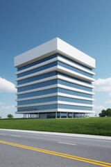 arafed office building with a grassy field and a road