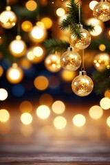 Fototapeta premium there are many christmas ornaments hanging from a tree with lights in the background